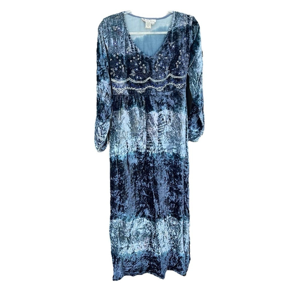 VTG 90s Y2K Papillon Los Angeles Crushed Velvet Embroidered Midi Dress Boho Med